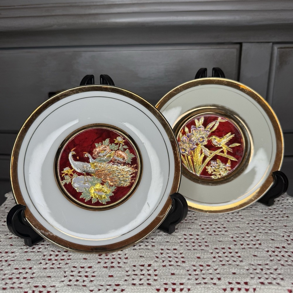 Vintage Art of Chokin 24k Red & Gold Decorative Plate Peacock Hummingbird Japan